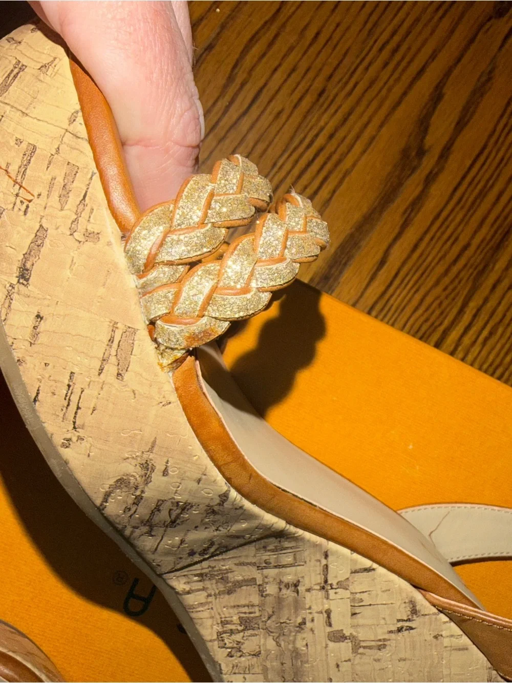 Unisa Tan Wedge Sandals with Braided Gold Straps